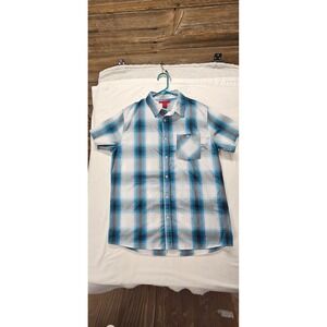 Montage Mens Short Sleeve Plaid Button Down Shirt Blue White Gray Size Large